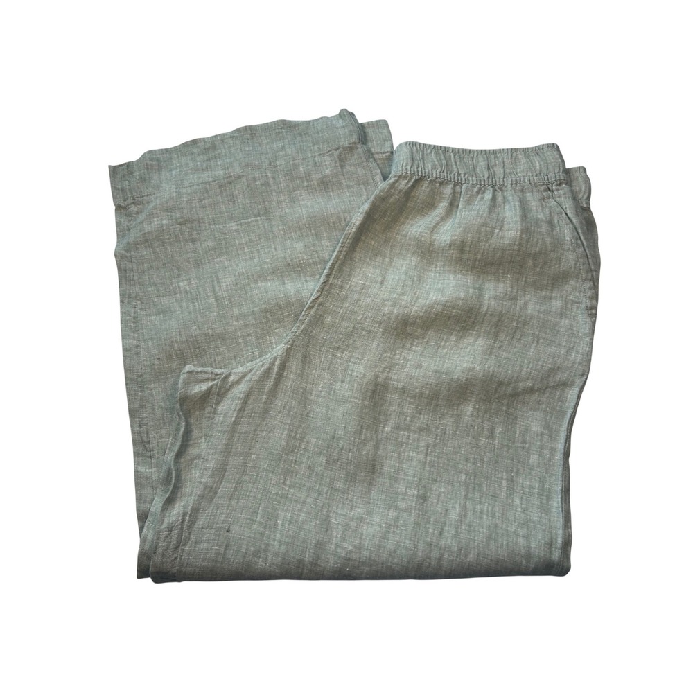 Tahari Linen Wide Leg Pants Women Large Sage Green Elastic Waist